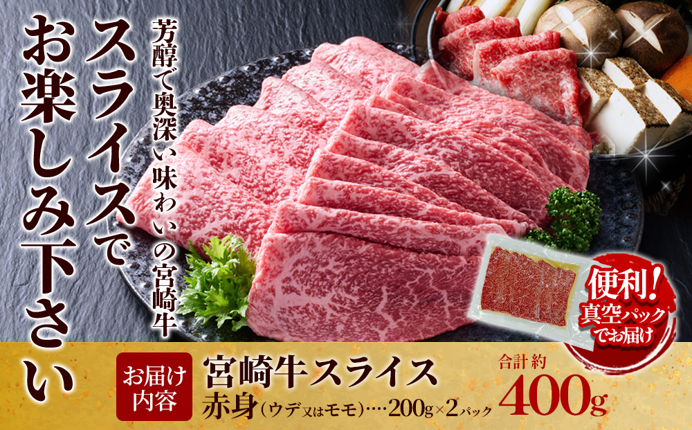 【宮崎牛】スライス 赤身（ウデ又は上モモ） 400g(200g×2P) 真空パック 冷凍