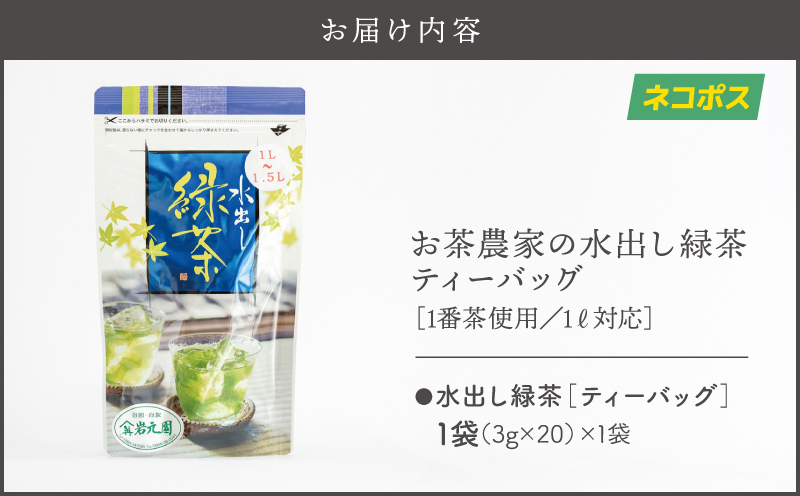 お茶農家の水出し緑茶ティーバッグ（1番茶使用 1L対応）　KN166-002-02