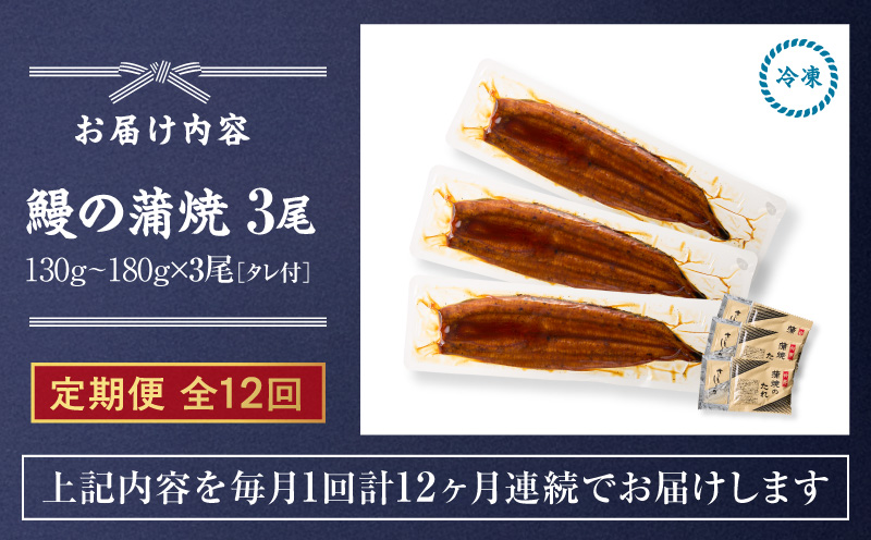 【全12回定期便】鰻の蒲焼 3尾（130g～180g×3）　KN026-T07